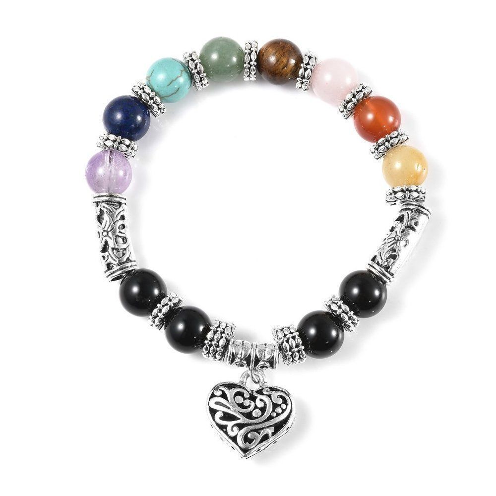 Multi Gemstone Beaded Bracelet in Silvertone (6.50 In)  Pride Bracelet